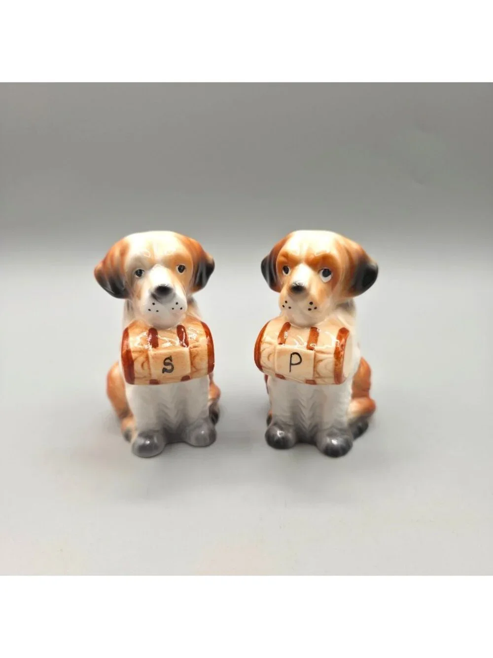 Vintage Norcrest St Bernard Dog Salt Pepper Shakers Ceramic Figural Korea 1970s